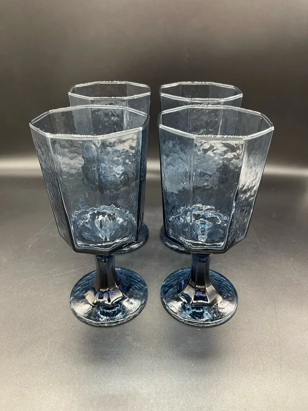 Vintage Libbey Facets Cobalt Blue Textured Set of 4 Water Goblets Octagon 6.75